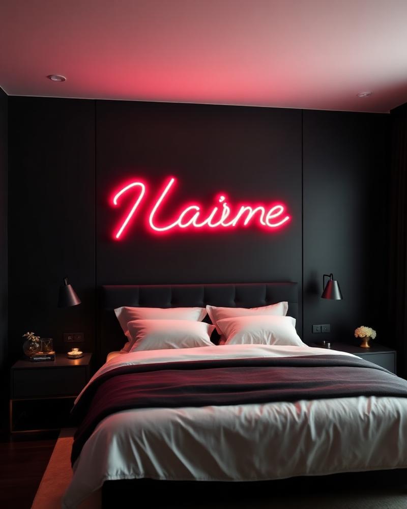 Room preview with AI-placed neon sign
